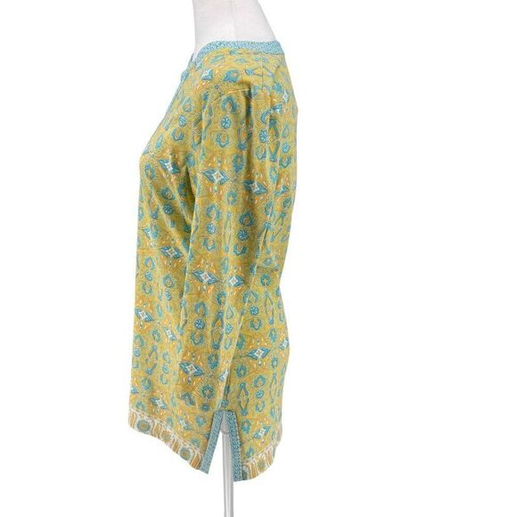 J. McLaughlin Catalina Cloth Split Neck Stretch Tunic Top Yellow Blue Print Sz M - Picture 4 of 7